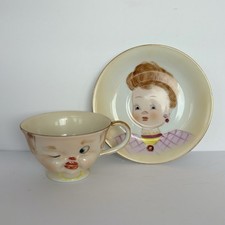 Vintage Ardalt Lenwile 6797 Winking Lady Face Cup Saucer Japan MCM Figural picture