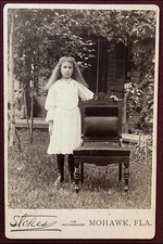 Antique Cabinet Card Young Girl Long Hair Outside Large Empty Chair Fla. picture