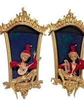 2 MCM Pixie Elf Wall Art 34”Hx19”W Gilt Framed Velvet Hollywood Plaque Kitschy picture
