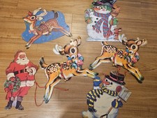 Lot of 6 Vintage Cardboard Cutout Christmas Decorations Paper Santa Snowman picture