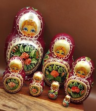 Vintage Sergiev Posad Matryoshka 7 Pc Burgundy Floral Nesting 6.5