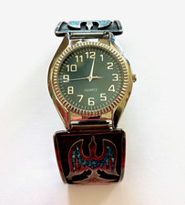 Native American Style Quartz SS Wristwatch Turquoise Inlay Silver Tone Band picture