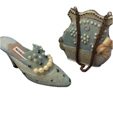 Manolo Blahnik Miniature Shoe and Handbag Figurine Set Blue Pearl Rhinestone picture