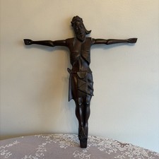 Antique Style Hand Carved Wood Corpus Christi - Rustic Primitive Folk Art Jesus picture