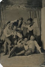 c. 1860's Group of Men Drinking and Smoking Tintype Photograph MALE AFFECTION picture