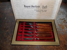 NEW Vintage MCM Regent Sheffield England 6 Stainless & Wood Handle Steak Knives picture
