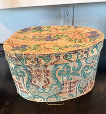ANTIQUE EGG SHAPED WALLPAPERED STORAGE BOX picture