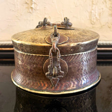 Antique 19th Century South Asian or Middle Eastern  Metal Storage Box w/ Handle picture