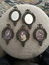 Vtg Italian Brass Oval Frames Art Prints Set Of 5 Mirrors Praying Hands Floral picture