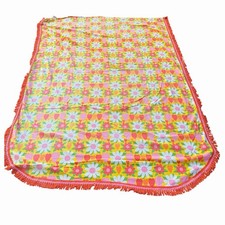 Vintage Fieldcrest Daisy Hearts Fringe Bedspread Blanket Hippie Flower 76”x102” picture