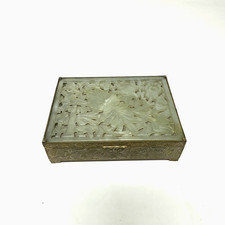 Vtg Small Chinese White Jade Floral Engraved Brass Cigarette Box GLASS HAS CRACK picture