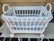 Antique White Painted Wicker Rattan Wood With Wheels and Handles Basket. picture