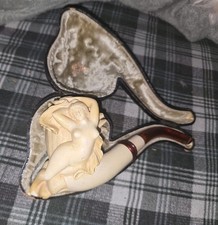 Antique Meerschaum Pipe Flowing Goddess Nude Lady Real Amber Unique Stem & Case picture