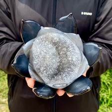 1.4LB Natural Agate Geode Carved Lotus Flower, Hand Carved Healing Crystal Home picture