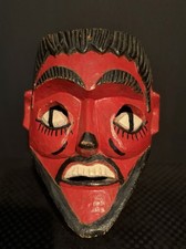 Vintage Mexican Folk Art Carved Wood Dance Mask Red Puebla Diablo Devil Man picture