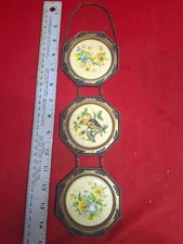 Vintage Italy Brass Triple Frame Ceramic Bird Flowers LOVELY Wall Hanging picture