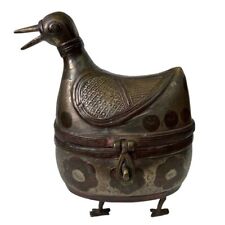 Vintage Folk Art MCM Brass Metal Heavy Bird Duck Trinket Box picture