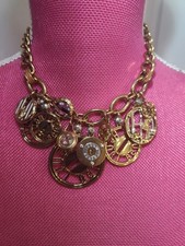 Henri Bendel Gold Tone Chunky Charm NecklaceBracelet Shopping Bag Woman w/ Dog picture