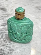 Antique Perfume Bottle - GORGEOUS Carved Foliage, Green Malachite Glass  picture