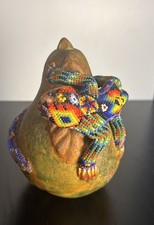 Vintage Huichol Beaded Lizard Iguana Figurine on ceramic pottery pear Folk art picture