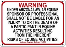 ARIZONA Equine Liability Statute Sign - for farms, ranches, barns, and stables picture