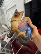 Resin Winged Cat Figurine, Painted Brown Blue Purple, 3D Effect picture