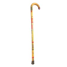 Vintage Hand Carved Painted Wooden Walking Cane Indigenous Folk Art Crook Handle picture