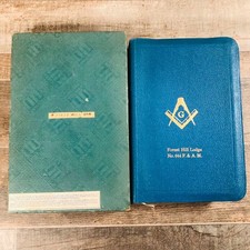 Vintage 1940 Holman Masonic Holy Bible Blue Leather King Solomon Temple w/ Box picture
