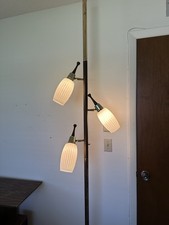 Rare Danish Modern MCM 3 Light Pole Lamp Ribbed Glass Hardwood Accents Stunning picture