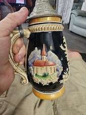  Vintage German Beer Stein with Engraved Pewter Lid Etched Graphics On Ceramic picture
