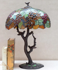 Table Lamp Tiffany Style Grape Tree Metal Birds Stained Glass Art Decor Large picture