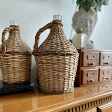 Antique Wicker Wrapped Demijohn European Wine Basket Vintage Bottle Demi John M9 picture