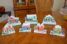 Vintage Christmas Putz Houses. 7 Piece Cardboard Christmas Snow Village.  Japan picture
