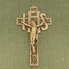 Vintage Crucifix IHS Cross Jesus Ornate Filigree Brass Wall Hanging 9.5