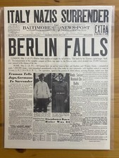 VINTAGE NEWSPAPER HEADLINE ~BERLIN FALLS  SURRENDER GERMANY ITALY 1945 WW2 picture