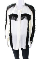 Chloe Womens White Black Fringe Detail Crew Neck Long Sleeve Blouse Top Size M picture