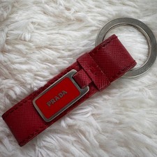 PRADA Saffiano Leather Keychain Red Logo Charm Used picture