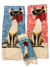 ULTRA RARE Vtg 1950s Cannon Siamese Cat Bath Towels Pink Blue MCM Retro Set OF 3 picture