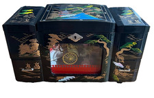 VTG Japanese Black Lacquer Large Jewelry Box Hand Painted Rickshaw Turns Mt Fuji picture