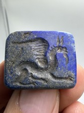 Roman Ancient Lapis Lazuli Winged Animal Carved Amulet Stamp Mythical Creature picture