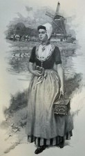 1908 Vintage Magazine Illustration Dutch Girl Carrying Basket by Windmill picture