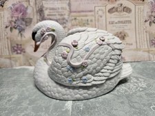 Vintage 1986 Enesco Porcelain Swan Music Box Plays Swan Lake Pastel Flowers picture