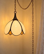 Vintage MCM Slag Glass & Amber Hanging Tulip Pendant Swag Lamp Light picture