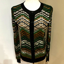 M Missoni Openwork Chevron Stripe Knit Cardigan Green Black Brown Sz S picture