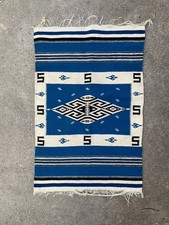 Antique Texcoco Rug Woven Blue Mexico Rio Grande 38x25 RARE picture