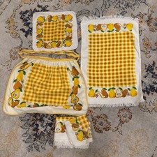 Vtg 1970’s Terry Cloth Apron Dish Cloth Set Yellow Orange Fruit Pear picture