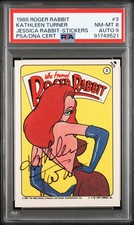 1988 JESSICA RABBIT DISNEY STICKER CARD #3 SIGNED / AUTO KATHLEEN TURNER PSA 8/9 picture
