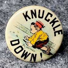 😎1910 Hassan Cigarettes Pinback “Knuckle Down” A Boy Playing Marbles Rare Find picture