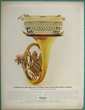 Print Ad Royal Typewriter Christmas Gold French Horn Design 1960s Vintage MOD picture