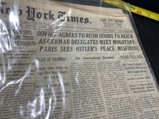 Antique New York Time Newspaper Archives October 9, 1939 w/ COA picture